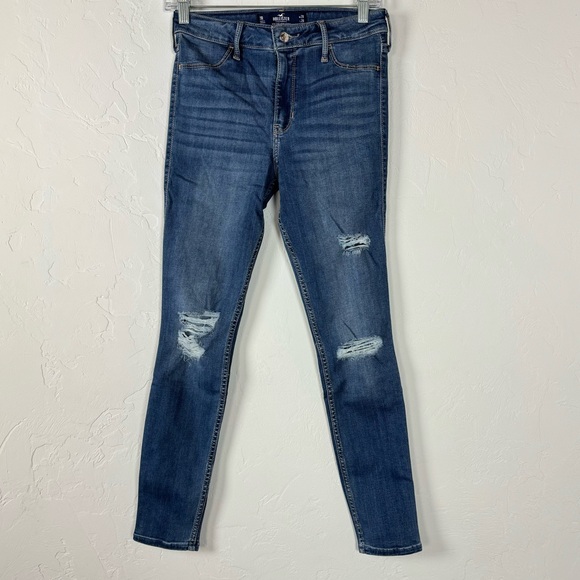 Hollister Jeans Denim High Rise Jegging Solid Medium Blue Wash Distressed‎ Rips - Picture 1 of 8